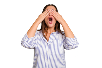 Young caucasian cute woman isolated afraid covering eyes with hands.