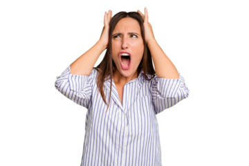 Young caucasian cute woman isolated covering ears with hands trying not to hear too loud sound.