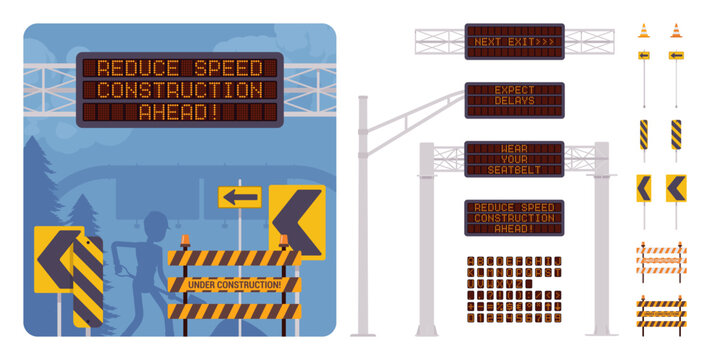 Information board, digital variable road sign construction kit. Changeable banner, electronic traffic dynamic message board, highway matrix display advising travelers. Vector flat style illustration