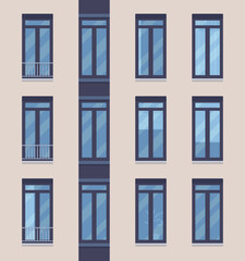 House facade of windows mirrored. Luxurious residential development, dream home, unique urban, suburban modern elegant design project for hospital, library, university building. Vector illustration