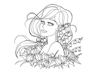 vector coloring page with cute cartoon anime girl. avatar, line art	
