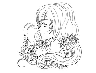 vector coloring page with cute cartoon anime girl. avatar, line art	