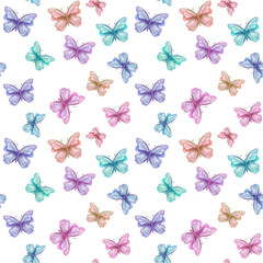 Fototapeta na wymiar Watercolor seamless pattern. Hand painted illustration of pink, yellow, blue, green, purple butterflies with spread wings. Flying insect moth. Print on white background for fabric textile, wallpaper