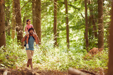 Father Carrying Daughter On Shoulders Hiking Or Walking Through Woodland Countryside