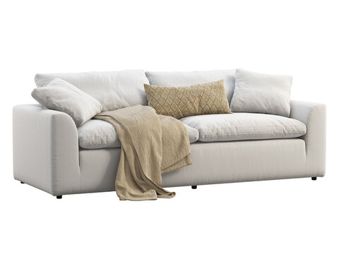 Modern three-seat white fabric upholstery sofa with pillows and plaid. 3d render.