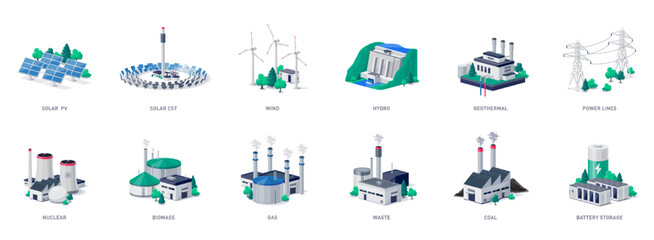 Isolated electricity generation source types. Energy mix solar, water, fossil, wind, nuclear, coal, gas, biomass, geothermal and battery storage. Renewable pollution power line plant station resources