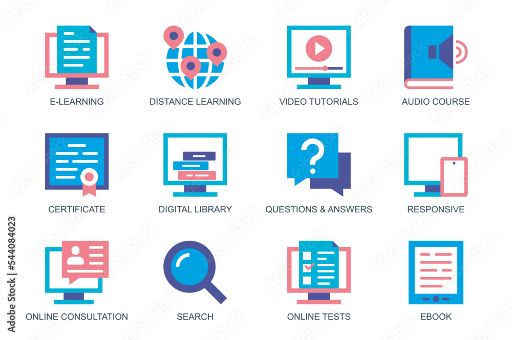Poster E-learning concept of web icons set in simple flat design. Pack of distance learning, video tutorials, audio course, certificate, digital library, question and answer. Vector pictograms for mobile app