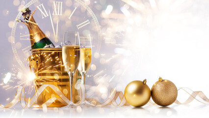 Happy New Year! A golden bucket with champagne, two glasses and a golden serpentine against the background of a clock face.