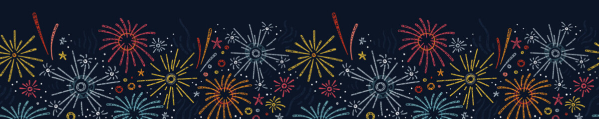 Fun doodle fireworks seamless pattern. Festive, victory, celebrating background. Great for banners, wallpapers, textiles, wrapping - vector design