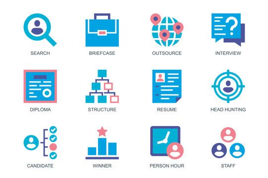 Head hunting concept of web icons set in simple flat design. Pack of search, briefcase, outsource, interview, diploma, structure, resume, headhunting, candidate. Vector pictograms for mobile app