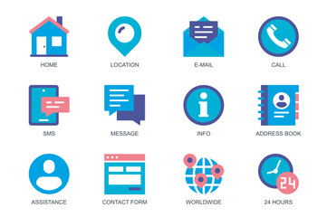 Contact Us concept of web icons set in simple flat design. Pack of home, location, email, call, sms, message, address book, assistance, worldwide, 24 hours and other. Vector pictograms for mobile app