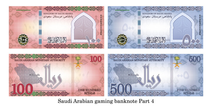 Gaming vector banknotes. In Persian, the inscriptions mean the Kingdom of Saudi Arabia on top, the pictogram from the flag on the bottom and the denomination of 100 and 500 riyals on the right. Part 4
