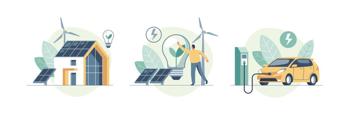 Environmental care and use clean green energy from renewable sources concept. Modern eco house with windmills and solar energy panels, electric car near charging station. Vector illustration. © faber14