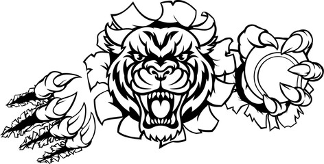 Tiger Holding Tennis Ball Breaking Background