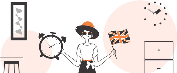 The girl helps teaches English. The concept of learning a foreign language. Lineart style.