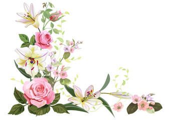 Angled frame with roses, lilies, spring blossom. Branches with mauve, pink apple tree flowers on white background. Gentle realistic illustration in watercolor style for wedding design. Vintage, vector