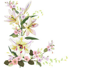 Obraz na płótnie Canvas Angled frame with white lilies, spring blossom, branches with mauve, pink apple tree flowers, buds, green leaves on white background. Digital draw, illustration in watercolor style, vintage, vector