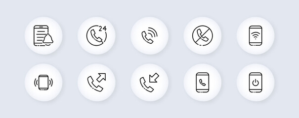 Call center services set icon. Phone, landline, speech bubble, planet, worldwide, online, contact us, 24, around the clock. Hotline concept. Vector line icon for Business and Advertising