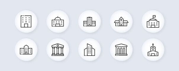 Building se icon. Architecture, skyscraper, apartments, church, museum, theater, administration. Engineering concept. Glassmorphism style. Vector editable set icon on a white background