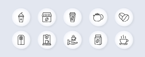 Cafe set icon. Coffee, latte, cappuccino, americano, mug, tea, tea bag, herb, coffee beans. Coffe house concept. Glassmorphism style. Vector line icon for Business and Advertising