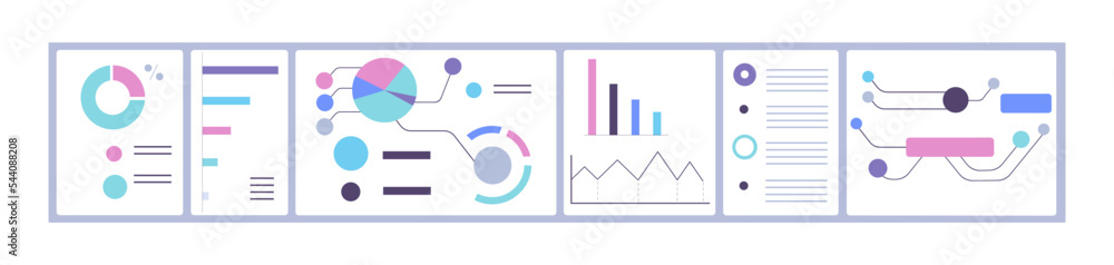 Poster Graphs, charts with abstract business data. Financial and marketing information analysis with graphics, bar, line and pie diagrams, schemes. Flat vector illustration isolated on white background