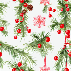 Seamless pattern christmas branch, watercolor xmas omela endless pattern. New-year collection