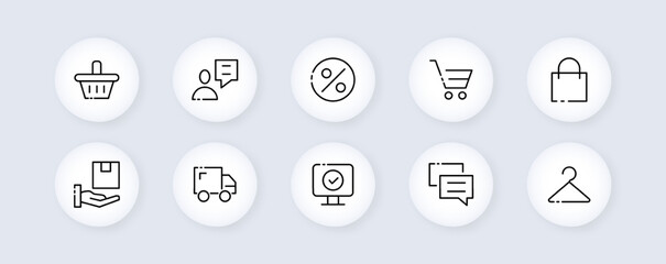 Online store set icon. Cashier, wallet, discount, sale, payment, product, basket, gift, open, diamond, delivery, courier. Shopping concept. Vector line icon for Business and Advertising