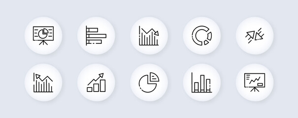 Working infographic set icon. Statistics, chart, diagram, document, gear, magnifier, clipboard, website, settings. Vector line icon for Business and Advertising
