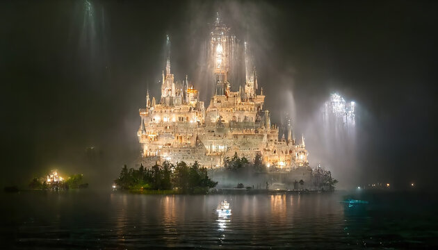 AI generated image of a fairy tale Cinderella castle made of crystal glass	
