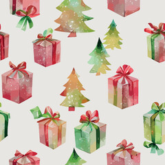 Seamless pattern christmas present, watercolor xmas gift endless pattern. New-year collection