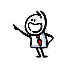 Doodle character in dress code office costume pointing with finger on something above.