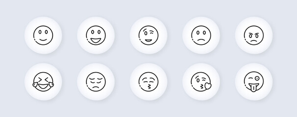 Emoticon set icon. Sadness, crying, love, laughter, surprise, tongue, anger, consternation, startle, distempered emotion, feeling, emoji. Mood concept. Vector line icon for Business and Advertising