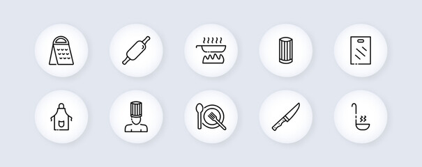 Kitchen utensils set icon. Cookbook, saucepan, ladle, cloche, whisk, oven mitt, apron, chef, plate, fork, knife, hood, cap, rolling pin. Cooking concept. Vector line icon for Business and Advertising