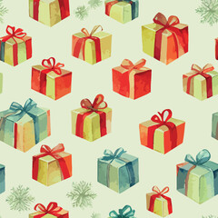 Seamless christmas present decoration, watercolor gift background pattern. New-year holidays