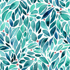 Watercolor foliage with red small berries, seamless pattern