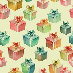 Fototapeta premium Seamless pattern christmas present, watercolor xmas gift background pattern. Winter holidays