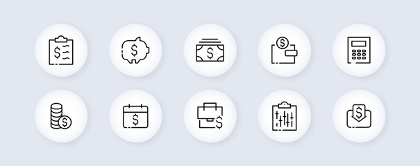 Money set icon. Check, transaction, bank, calculator, stack coin, envelope, order, cash, tax, shield, salary, bill. Shopping concept. Vector line icon for Business and Advertising
