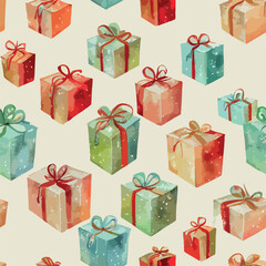 Fototapeta premium Seamless pattern christmas present, watercolor xmas gift endless pattern. New-year holidays