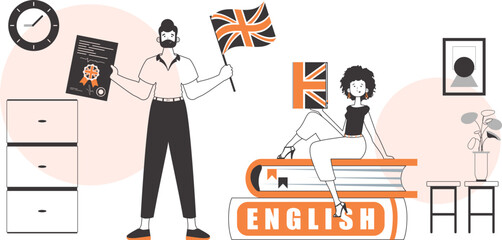 Guy and girl English teacher. The concept of learning a foreign language. Lineart modern style.