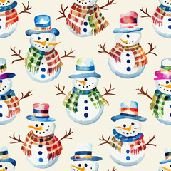 Seamless pattern christmas snowman, aquarelle xmas snowmans endless pattern. New-year holidays