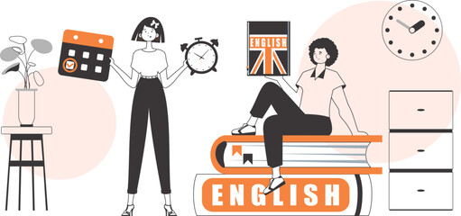 Girl and guy English teacher. The concept of learning a foreign language. Linear style.