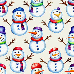 Seamless christmas snowman decoration, aquarelle snowmans endless background pattern. New-year holidays