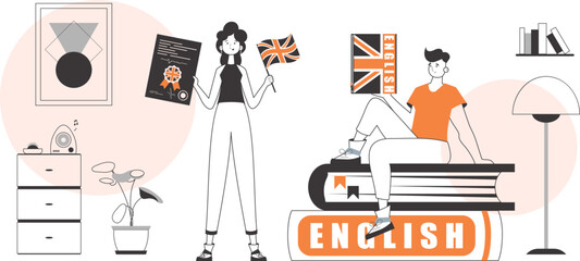 Girl and guy helps teaches English. The concept of learning a foreign language. Linear style.
