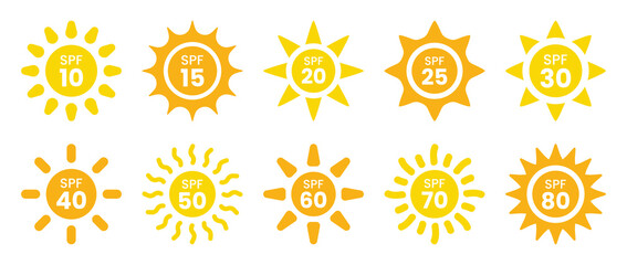 SPF icon set. UV protection sign collection. Sun protection symbols for sunblock or sunscreen products isolated on white background.