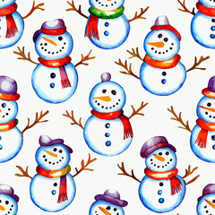Seamless pattern christmas snowman, watercolor xmas snowmans endless pattern. Winter holidays