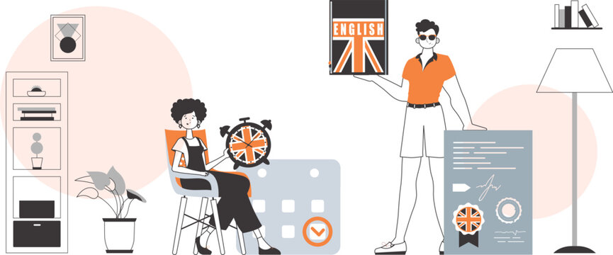 Girl and guy helps teaches English. The concept of learning a foreign language. Lineart style.