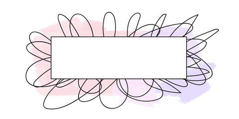 A frame for inserting text or images on a doodle doodle background and pink and purple paint spots. 