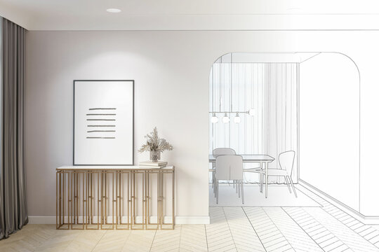A sketch becomes a hall with flowers in a vase next to a vertical poster on an elegant console, a curtain, an archway to a dining room with chairs, and a table near a window with curtains. 3d render