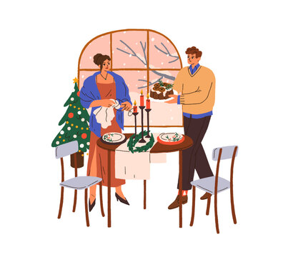 Family couple serving dining table for festive Christmas dinner. Happy man and woman with holiday meal, cake at Xmas eve. Romantic New Year party. Flat vector illustration isolated on white background