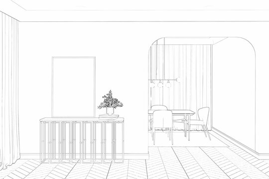 Sketch of the hall with flowers in a vase next to a vertical poster on elegant console, curtain, archway to a dining room with chairs and dining table near a window with curtains. 3d render
